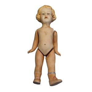 Antique Bisque Doll c1900 Painted Eyes Jointed Body 6.25" Porcelain Vintage Doll
